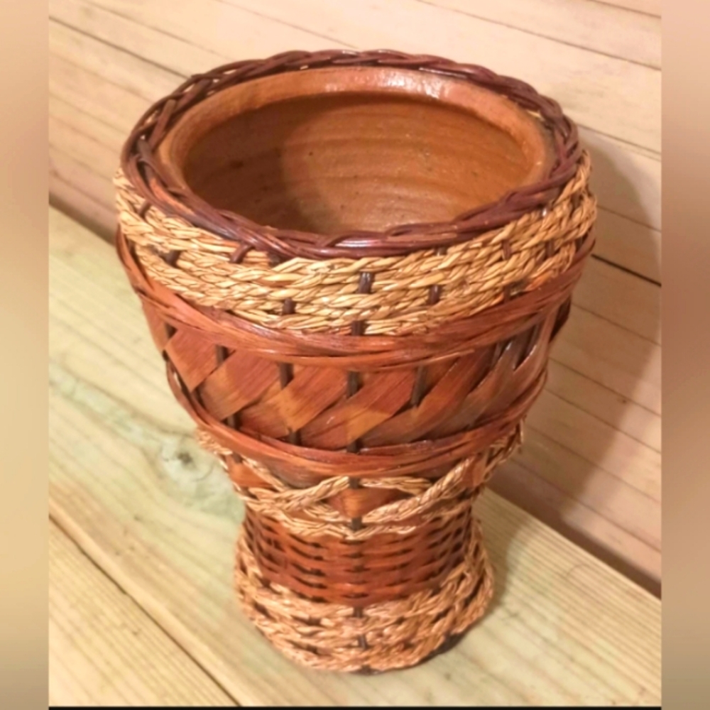 Handcrafted Brown and Tan Woven Clay PotteryVase Wicker Rattan And Bamboo